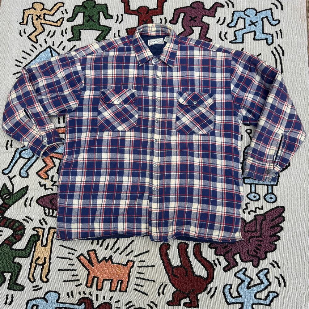 Vintage Open Trails Blue & Red Flannel Quilted Jacket Shirt
